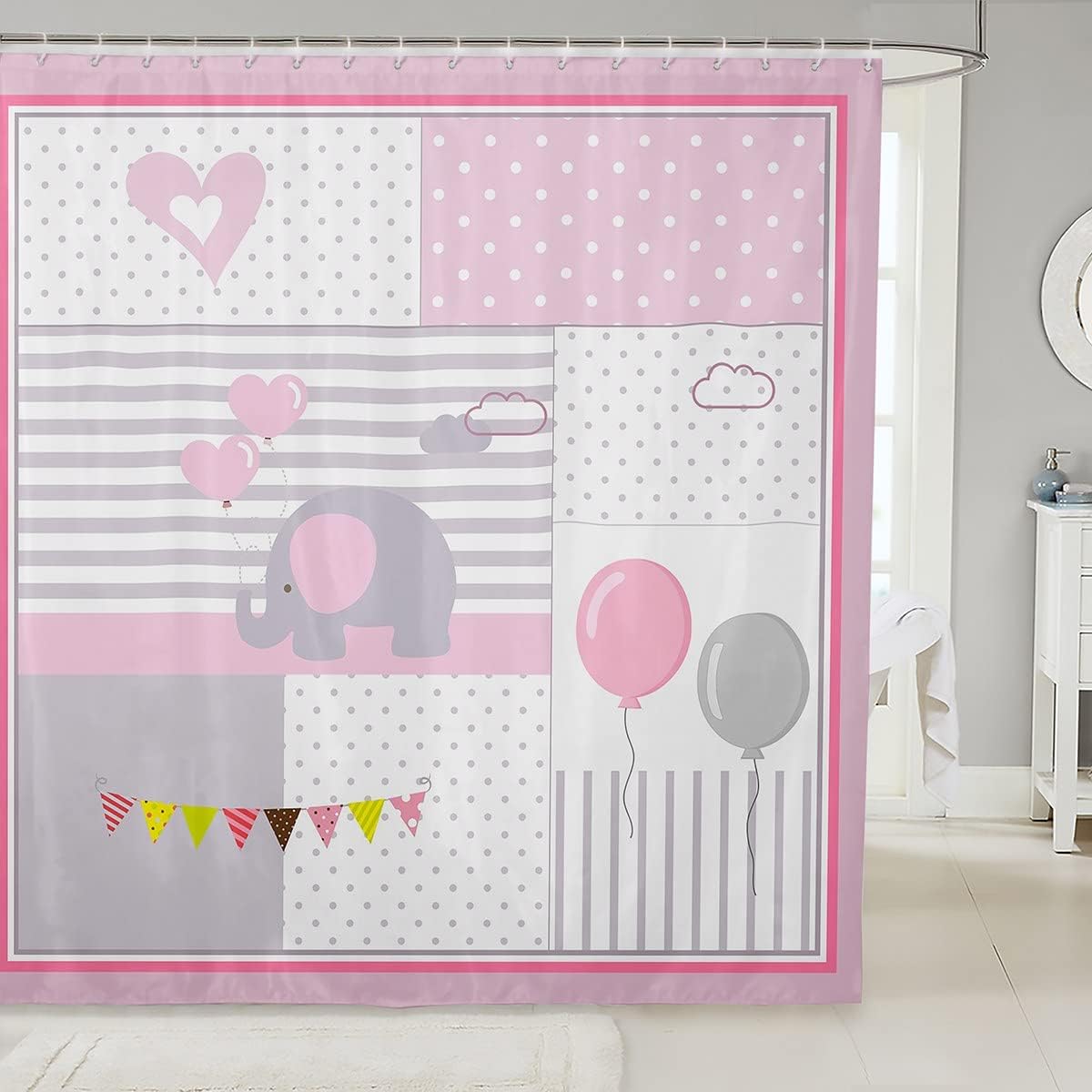 Kawaii Cartoon Elephant Waterproof Shower Curtain For Kids With Animal Prints