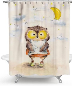 Kawaii Cartoon Owl Shower Curtain with Moon for Bathroom Decor 