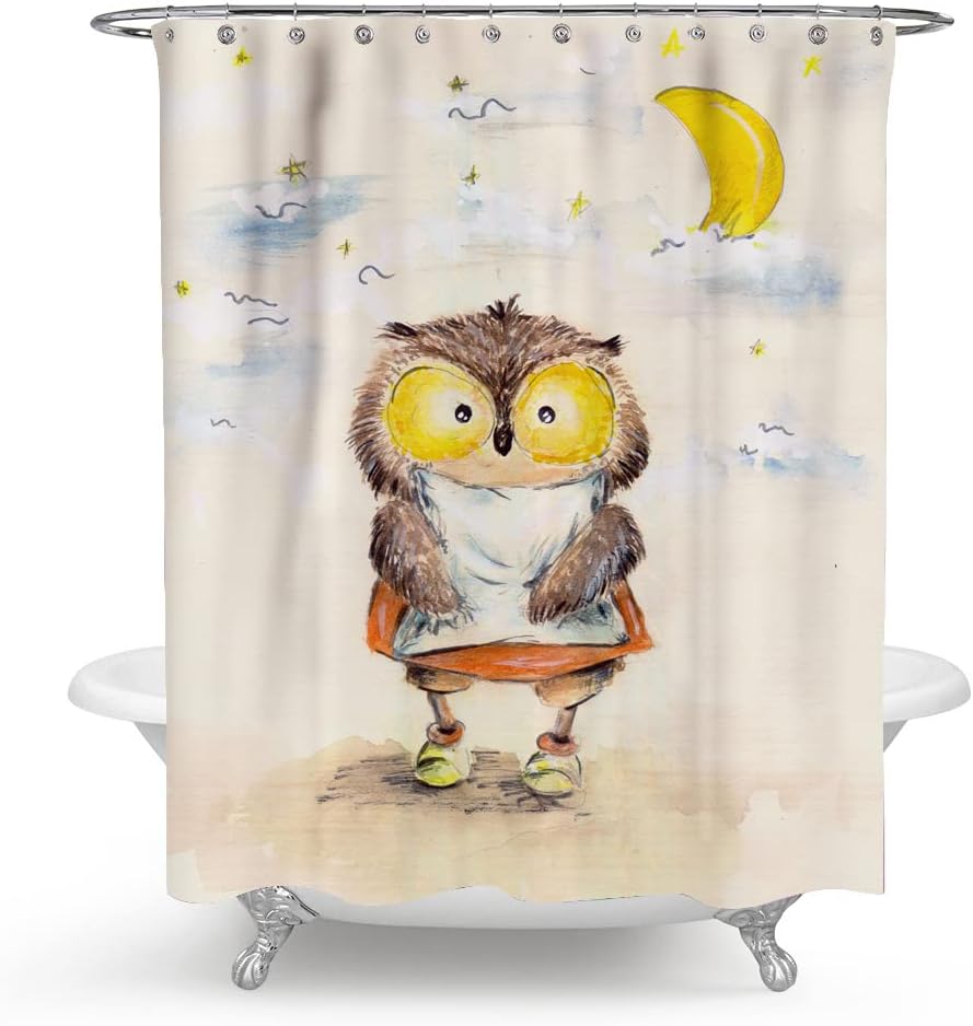Kawaii Cartoon Owl Shower Curtain with Moon for Bathroom Decor