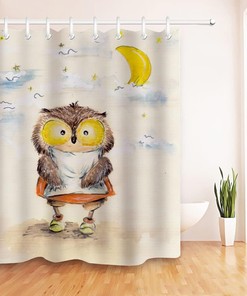 Kawaii Cartoon Owl Shower Curtain with Moon for Bathroom Decor