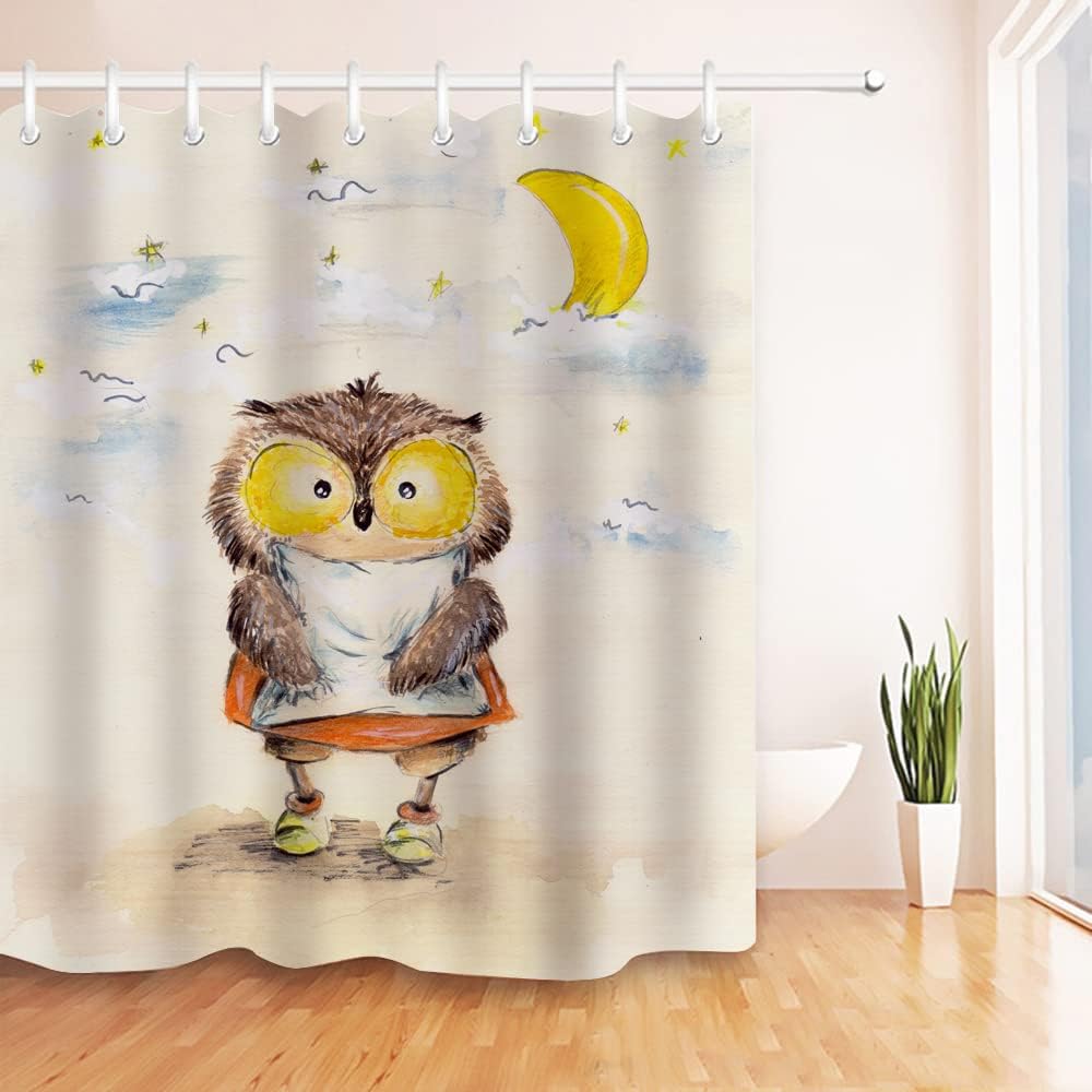 Kawaii Cartoon Owl Shower Curtain with Moon for Bathroom Decor