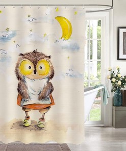 Kawaii Cartoon Owl Shower Curtain with Moon for Bathroom Decor