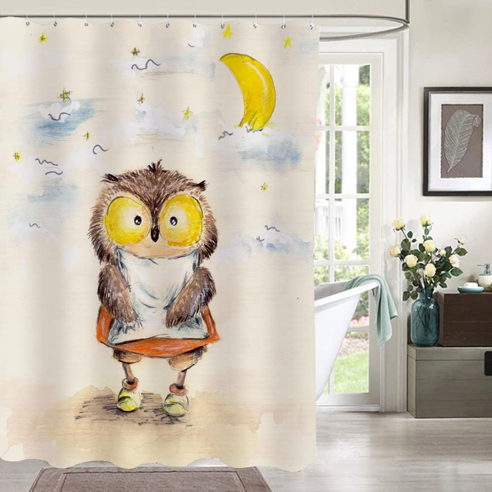 Kawaii Cartoon Owl Shower Curtain with Moon for Bathroom Decor