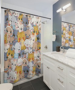 Kawaii Chibi Cats Shower Curtain, Fun Bathroom Decor with Cute Kittens and Anime Print