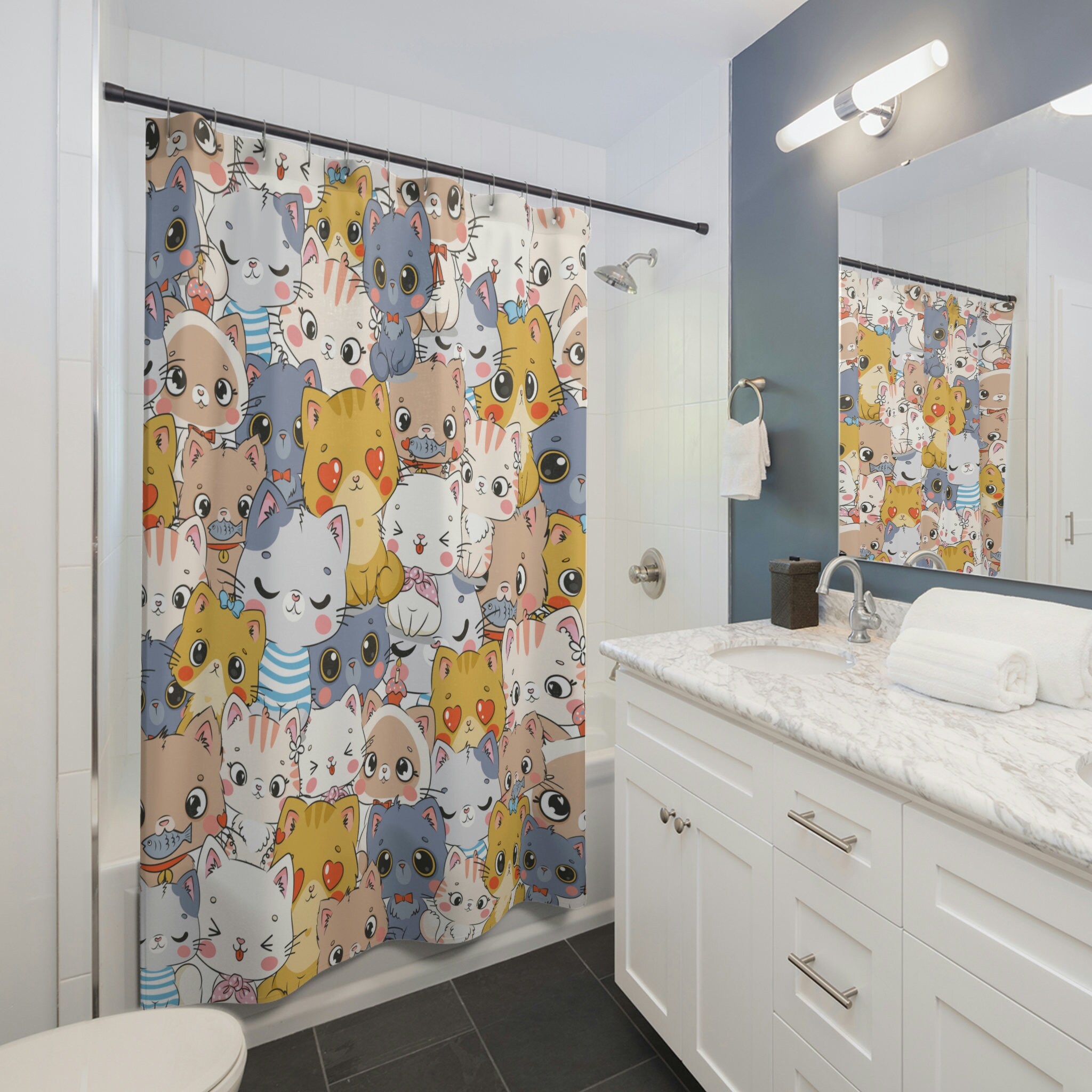 Kawaii Chibi Cats Shower Curtain, Fun Bathroom Decor with Cute Kittens and Anime Print