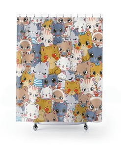 Kawaii Chibi Cats Shower Curtain, Fun Bathroom Decor with Cute Kittens and Anime Print