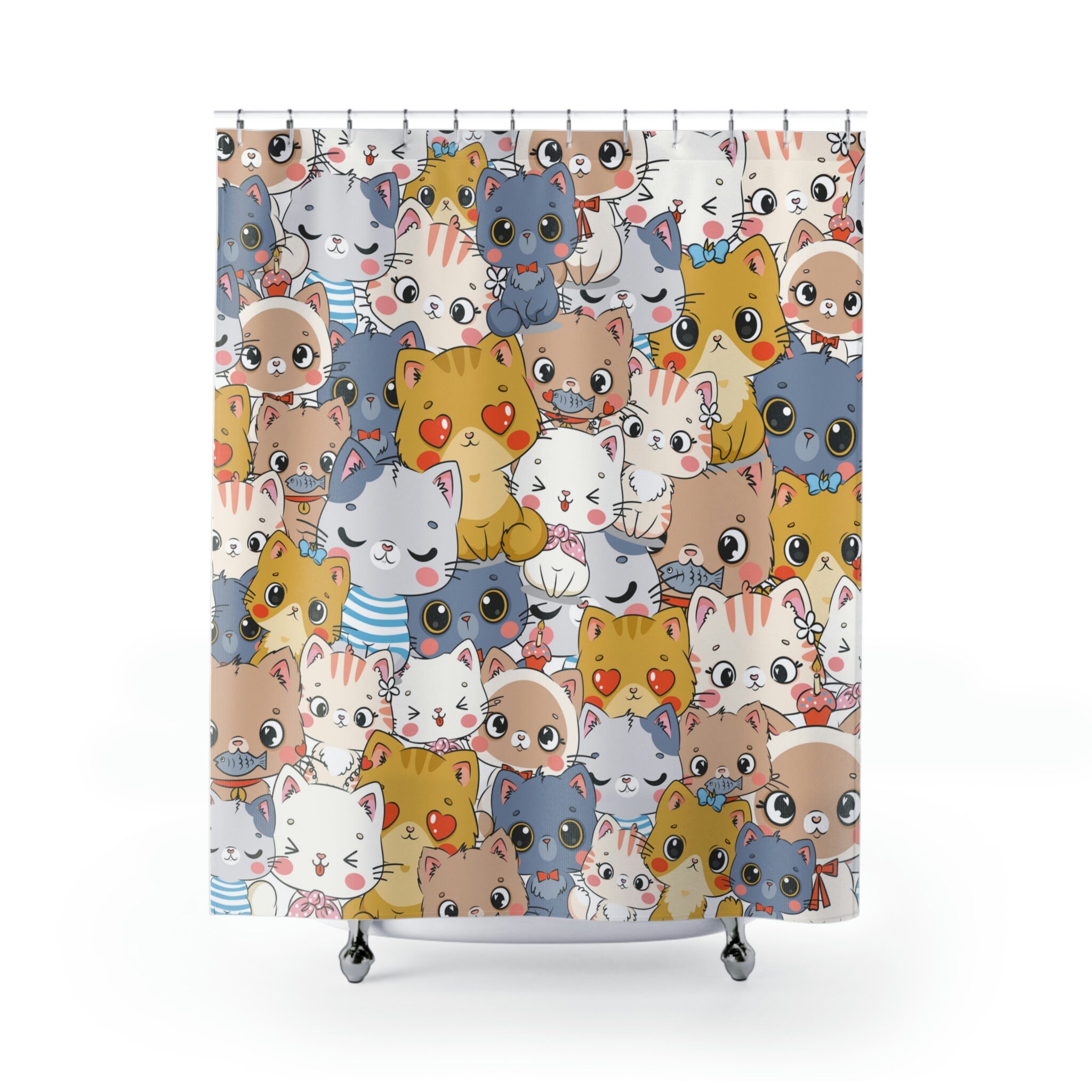 Kawaii Chibi Cats Shower Curtain, Fun Bathroom Decor with Cute Kittens and Anime Print
