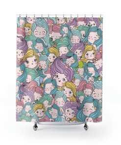 Kawaii Chibi Mermaids Shower Curtain, Fun Bathroom Decor with Cute Anime and Marine Design