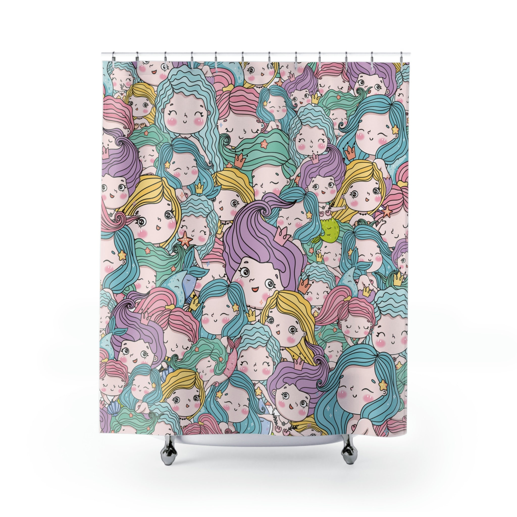 Kawaii Chibi Mermaids Shower Curtain, Fun Bathroom Decor with Cute Anime and Marine Design