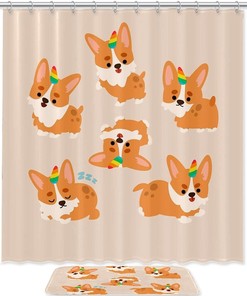 Kawaii Dog and Unicorn Shower Curtain, Whimsical Bathroom Decor with Magical Animal Design 