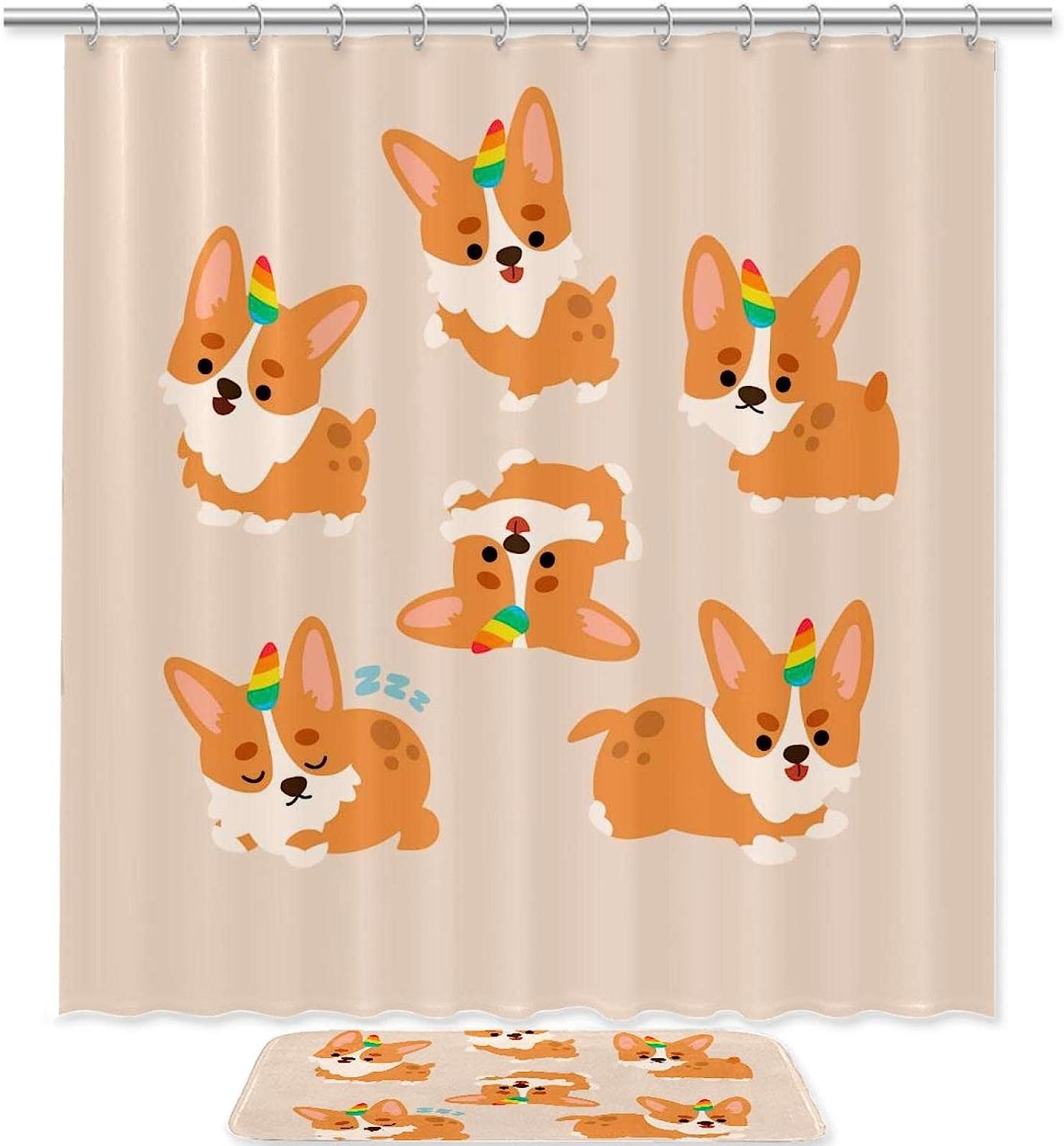 Kawaii Dog and Unicorn Shower Curtain, Whimsical Bathroom Decor with Magical Animal Design