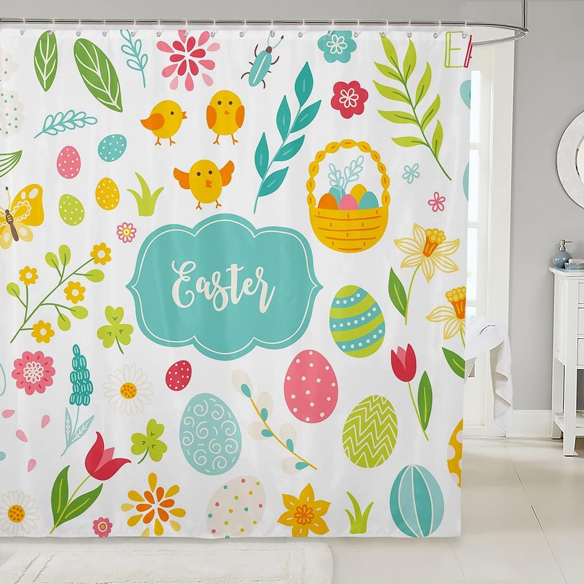 Kawaii Easter Eggs And Rustic Chick Shower Curtain For Cute Bathroom Decor.