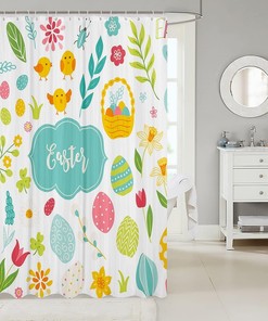 Kawaii Easter Eggs And Rustic Chick Shower Curtain For Cute Bathroom Decor.