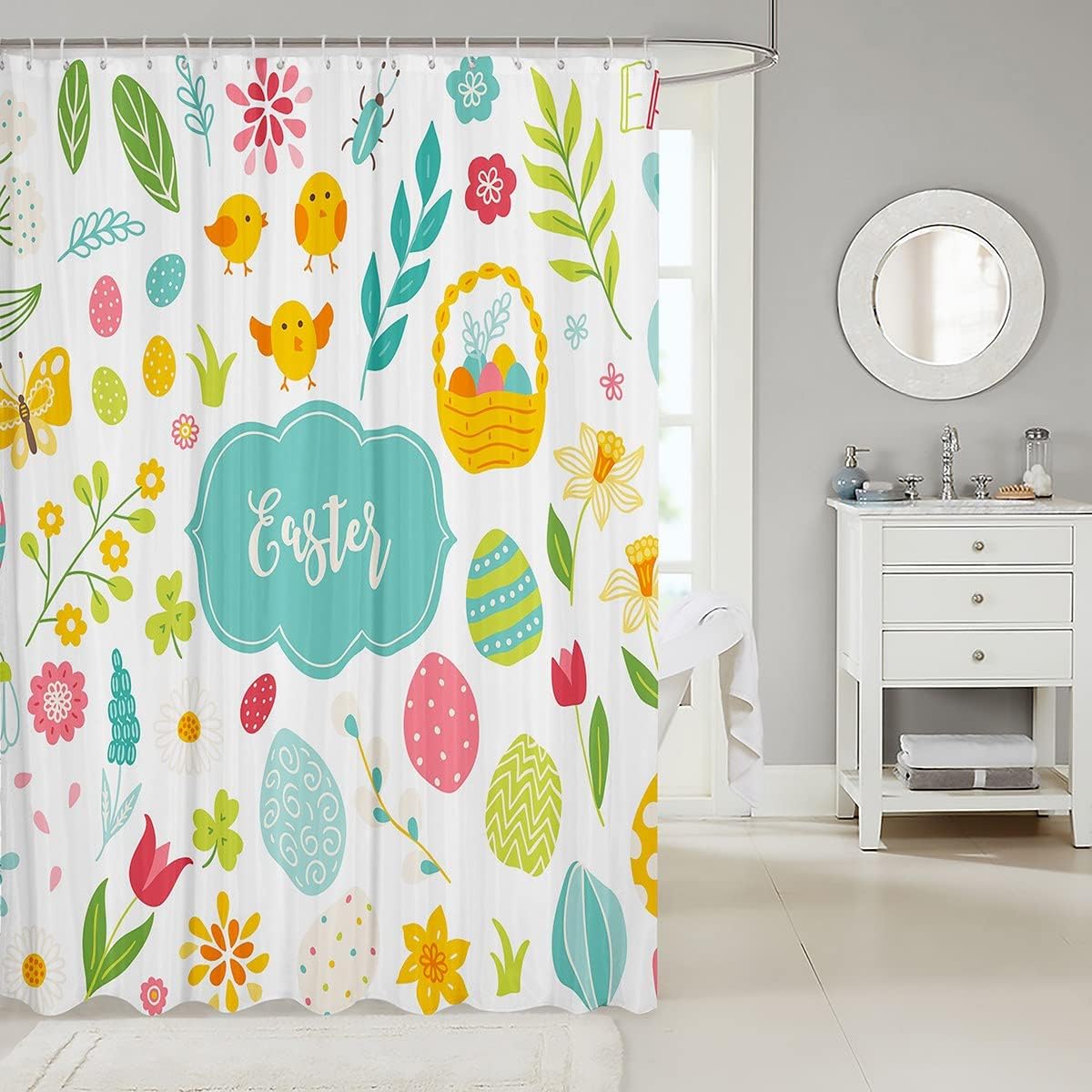 Kawaii Easter Eggs And Rustic Chick Shower Curtain For Cute Bathroom Decor.