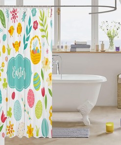 Kawaii Easter Eggs And Rustic Chick Shower Curtain For Cute Bathroom Decor.