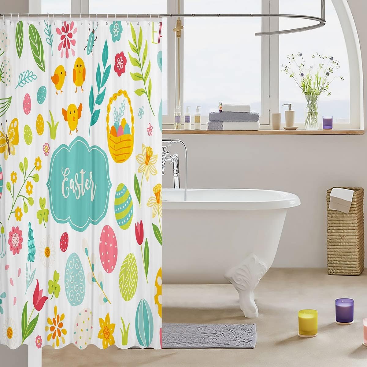 Kawaii Easter Eggs And Rustic Chick Shower Curtain For Cute Bathroom Decor.