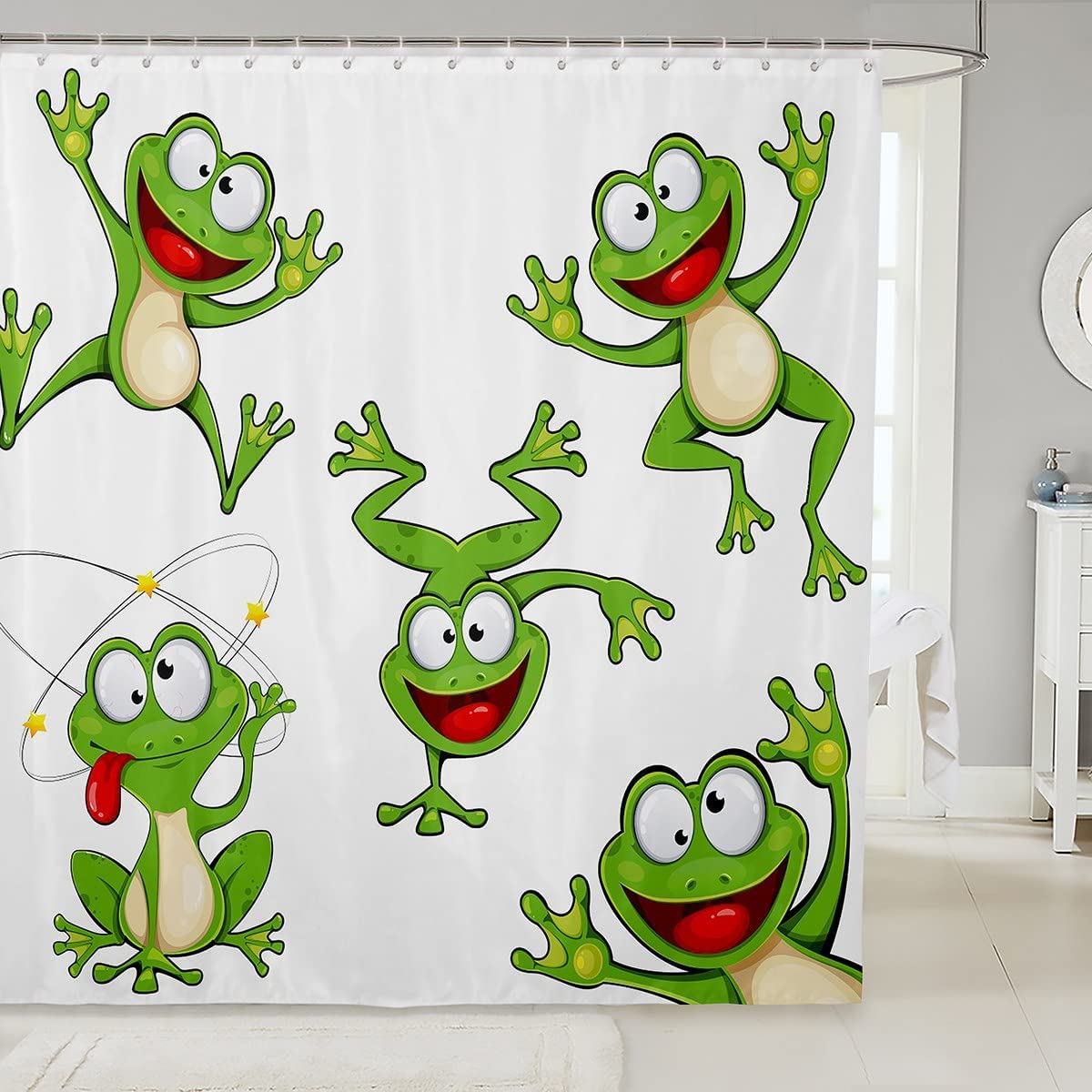 Kawaii Frog Cartoon Animal Shower Curtain For Kids And Teens Bathroom