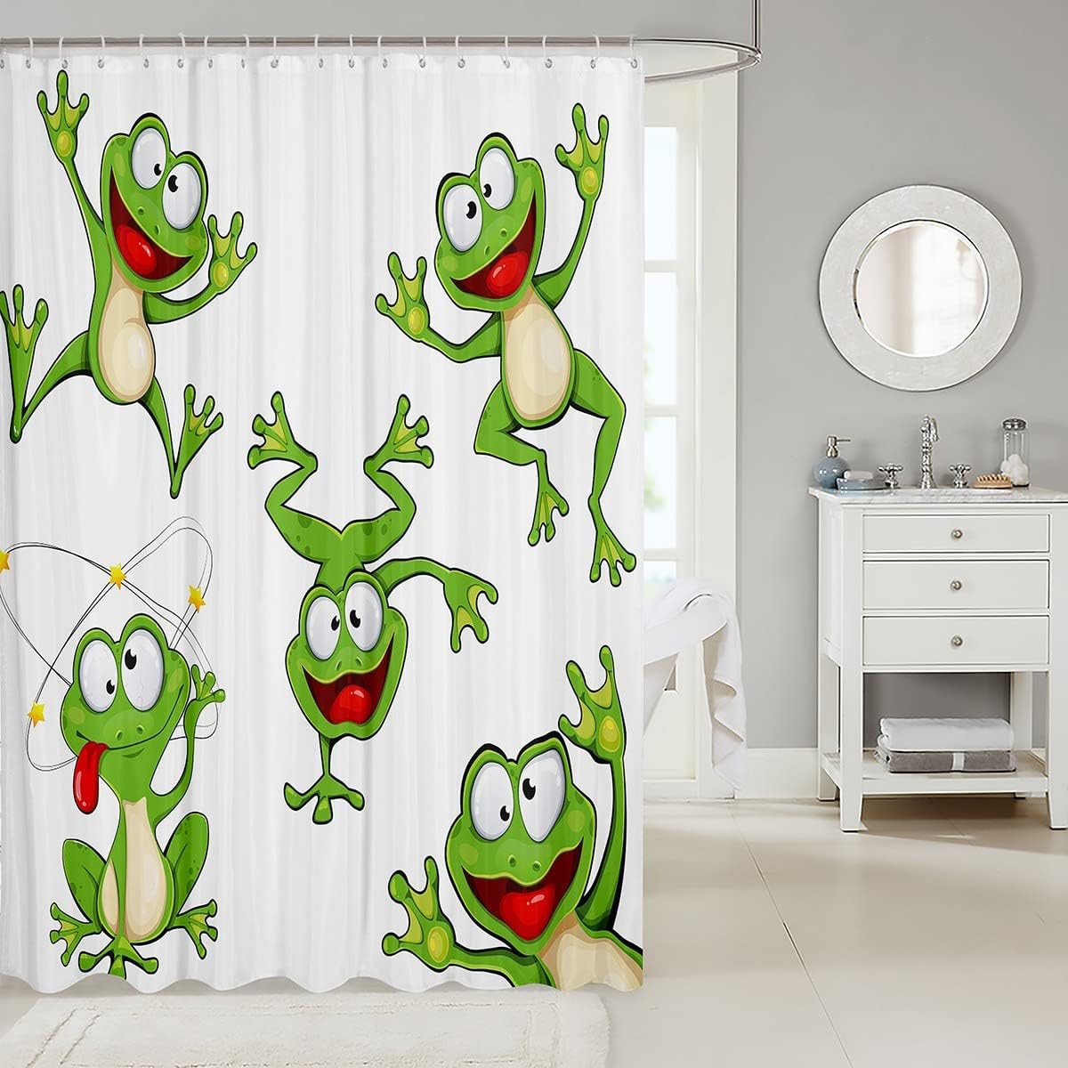 Kawaii Frog Cartoon Animal Shower Curtain For Kids And Teens Bathroom