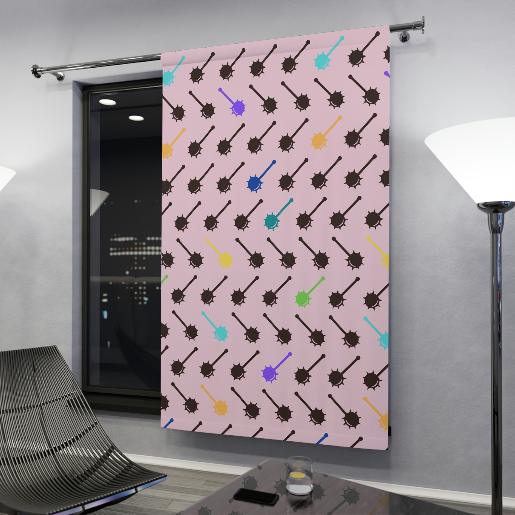 Kawaii Gamer Girl Window Curtain - Retro Gaming Club Pattern In Pink Pastel