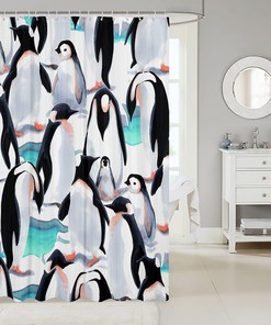 Kawaii Penguin Bath Curtain for Kids, Wildlife Print Shower Curtain, Winter Bathroom Decor