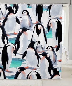 Kawaii Penguin Bath Curtain for Kids, Wildlife Print Shower Curtain, Winter Bathroom Decor