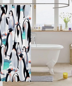 Kawaii Penguin Bath Curtain for Kids, Wildlife Print Shower Curtain, Winter Bathroom Decor