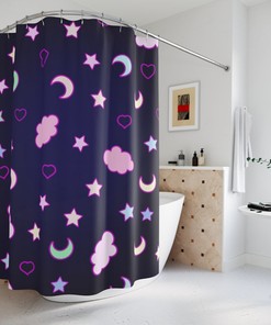 Kawaii Style Kids Bathroom Decor Shower Curtain with Purple Clouds, Moon, and Stars