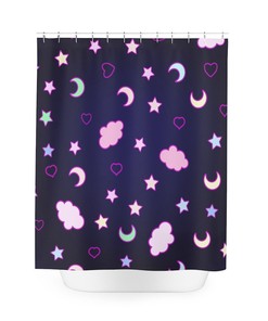 Kawaii Style Kids Bathroom Decor Shower Curtain with Purple Clouds, Moon, and Stars