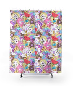 Kawaii Unicorn Cats and Watermelons Shower Curtain - A Fun Addition to Your Bathroom