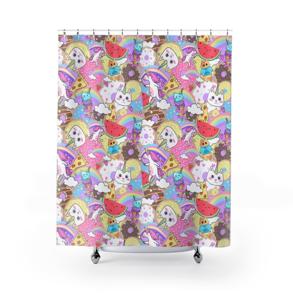 Kawaii Unicorn Cats and Watermelons Shower Curtain - A Fun Addition to Your Bathroom