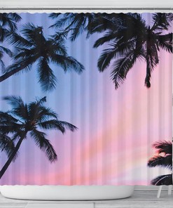 Key West Sunset Ocean View Shower Curtain, Tropical Bathroom Decor with Beach Sand and Palm Tree Print