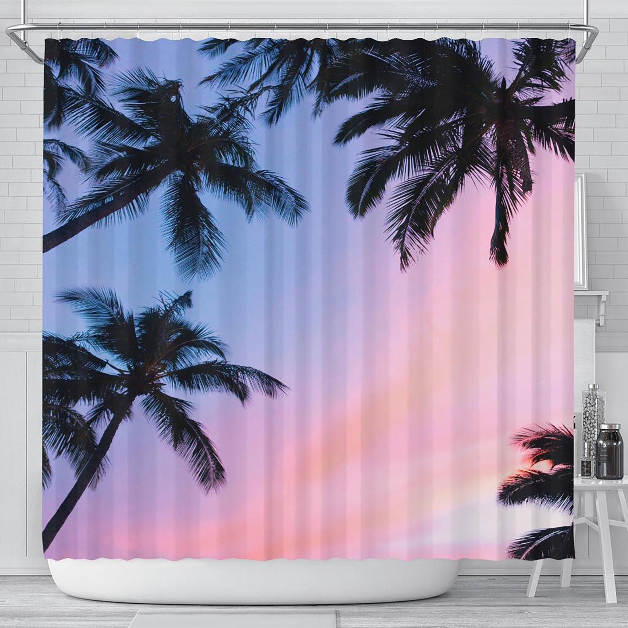 Key West Sunset Ocean View Shower Curtain, Tropical Bathroom Decor with Beach Sand and Palm Tree Print
