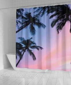 Key West Sunset Ocean View Shower Curtain, Tropical Bathroom Decor with Beach Sand and Palm Tree Print