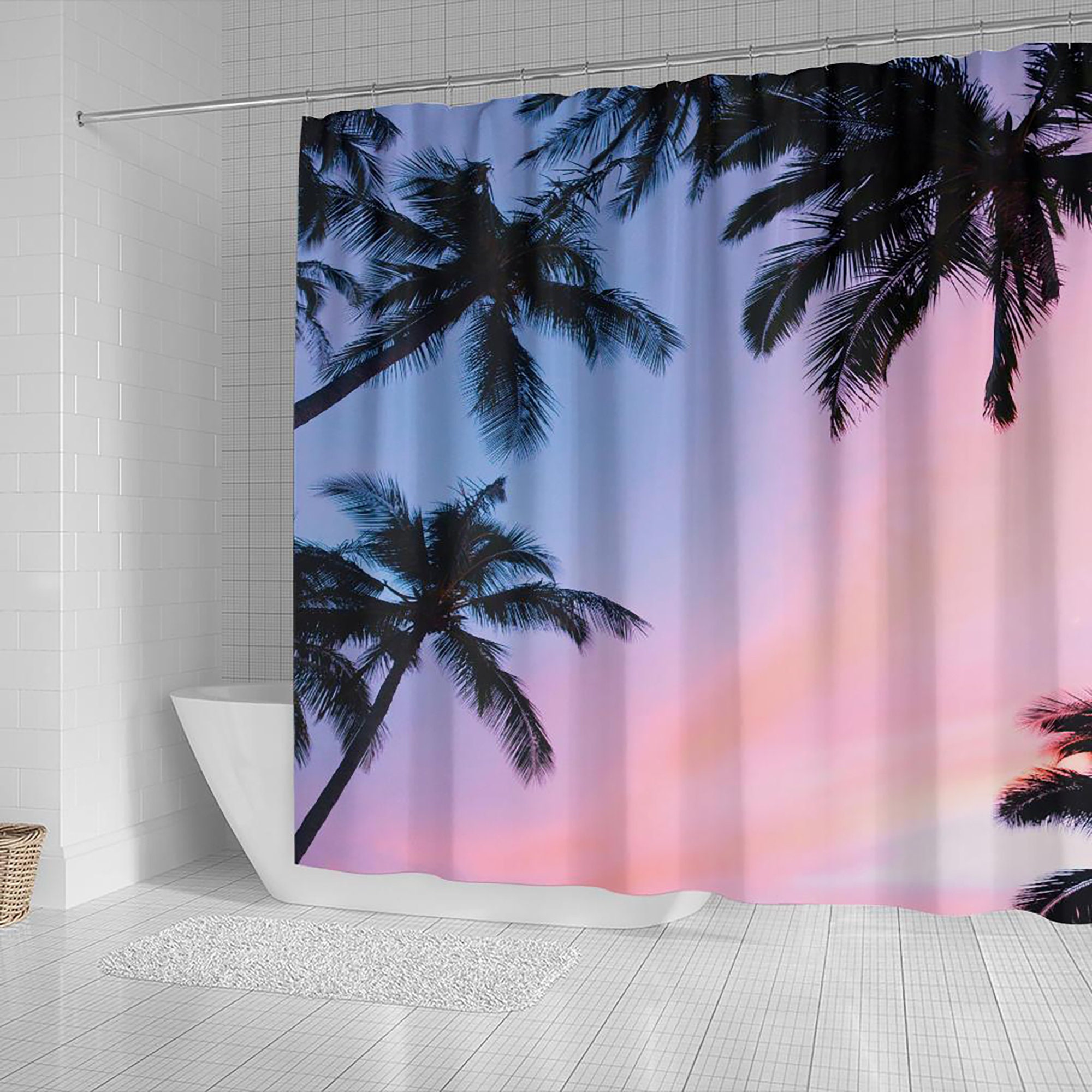 Key West Sunset Ocean View Shower Curtain, Tropical Bathroom Decor with Beach Sand and Palm Tree Print