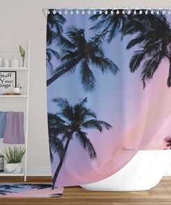 Key West Sunset Ocean View Shower Curtain, Tropical Bathroom Decor with Beach Sand and Palm Tree Print
