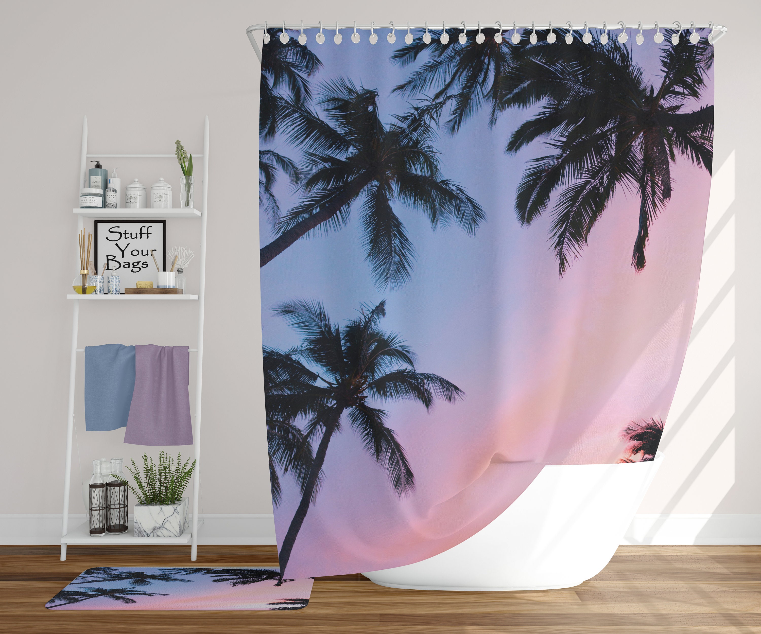 Key West Sunset Ocean View Shower Curtain, Tropical Bathroom Decor with Beach Sand and Palm Tree Print