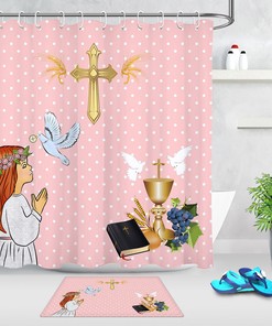 Kid Holy Communication Easter Shower Curtain With Rabbit And Eggs For Bathroom Decor