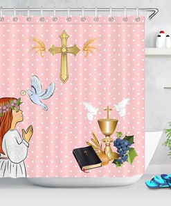 Kid Holy Communication Easter Shower Curtain With Rabbit And Eggs For Bathroom Decor