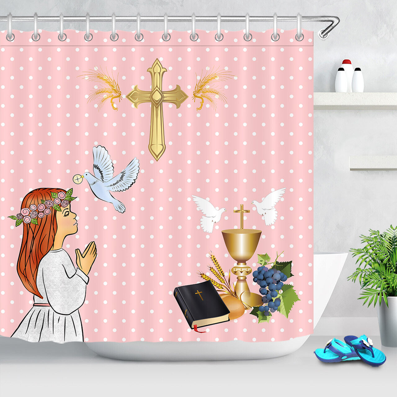 Kid Holy Communication Easter Shower Curtain With Rabbit And Eggs For Bathroom Decor