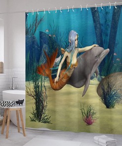 Kid Mermaid Dolphin Ocean Travel Shower Curtain, Waterproof Bathroom Decor with Underwater Quotes