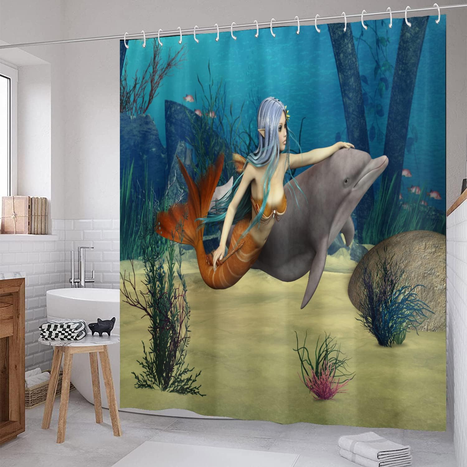 Kid Mermaid Dolphin Ocean Travel Shower Curtain, Waterproof Bathroom Decor with Underwater Quotes