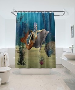 Kid Mermaid Dolphin Ocean Travel Shower Curtain, Waterproof Bathroom Decor with Underwater Quotes