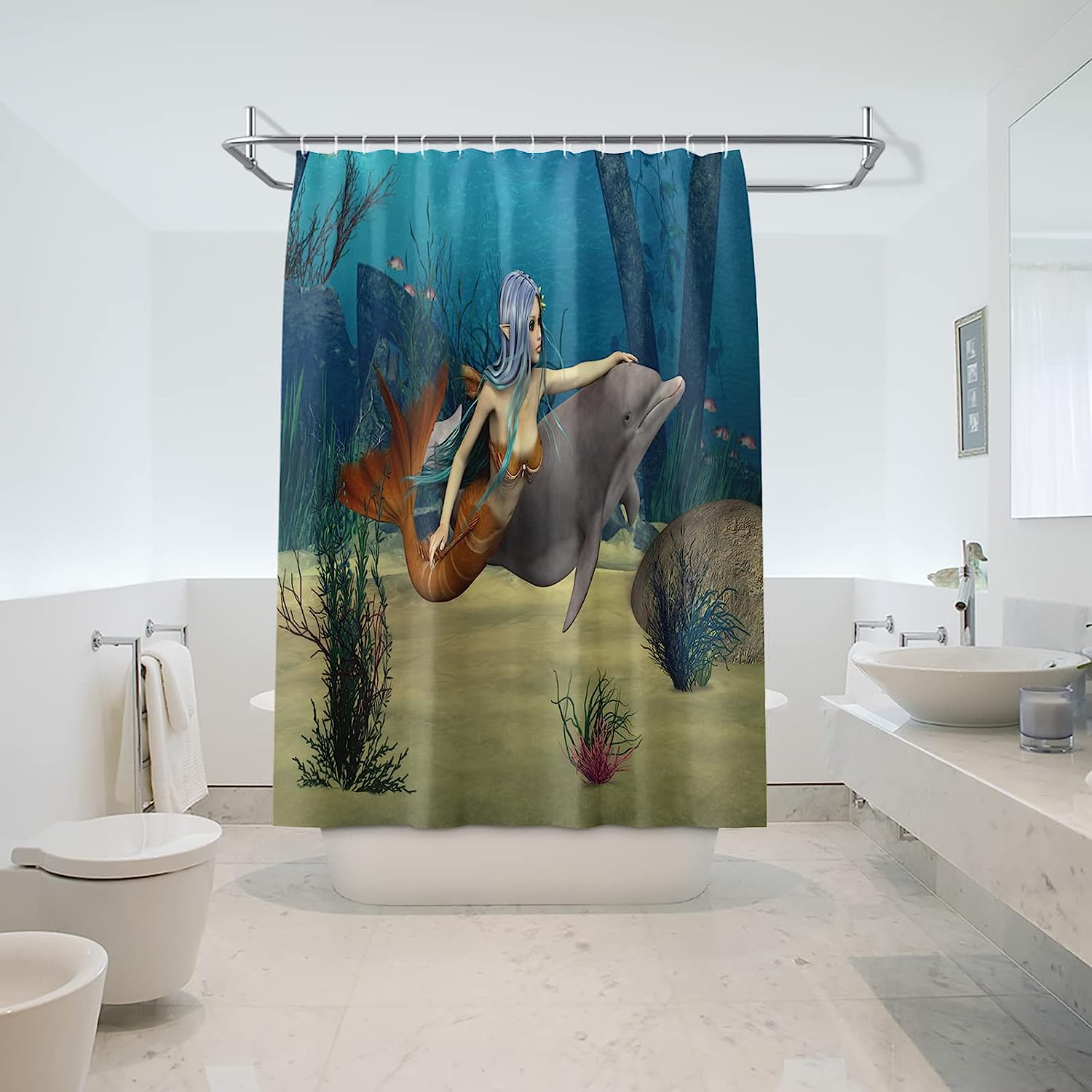 Kid Mermaid Dolphin Ocean Travel Shower Curtain, Waterproof Bathroom Decor with Underwater Quotes