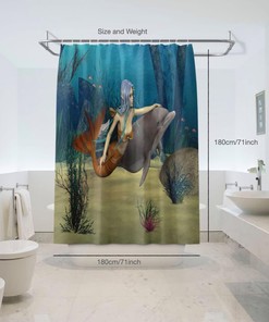 Kid Mermaid Dolphin Ocean Travel Shower Curtain, Waterproof Bathroom Decor with Underwater Quotes