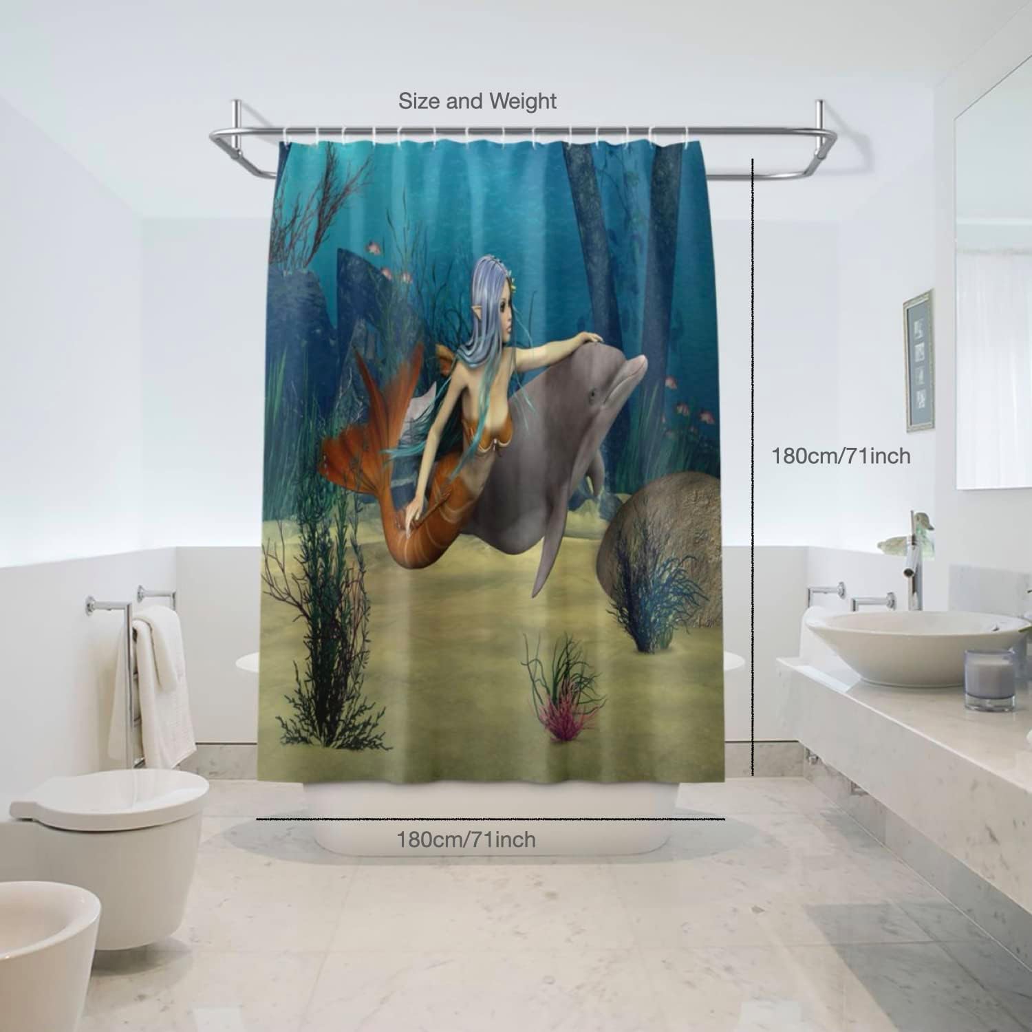 Kid Mermaid Dolphin Ocean Travel Shower Curtain, Waterproof Bathroom Decor with Underwater Quotes