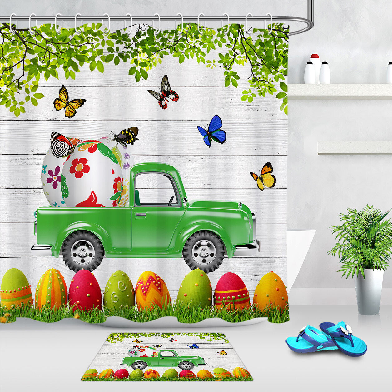 Kid'S Bathroom Shower Curtain With Easter Eggs & Butterfly - Playful Animal Bathroom Decor