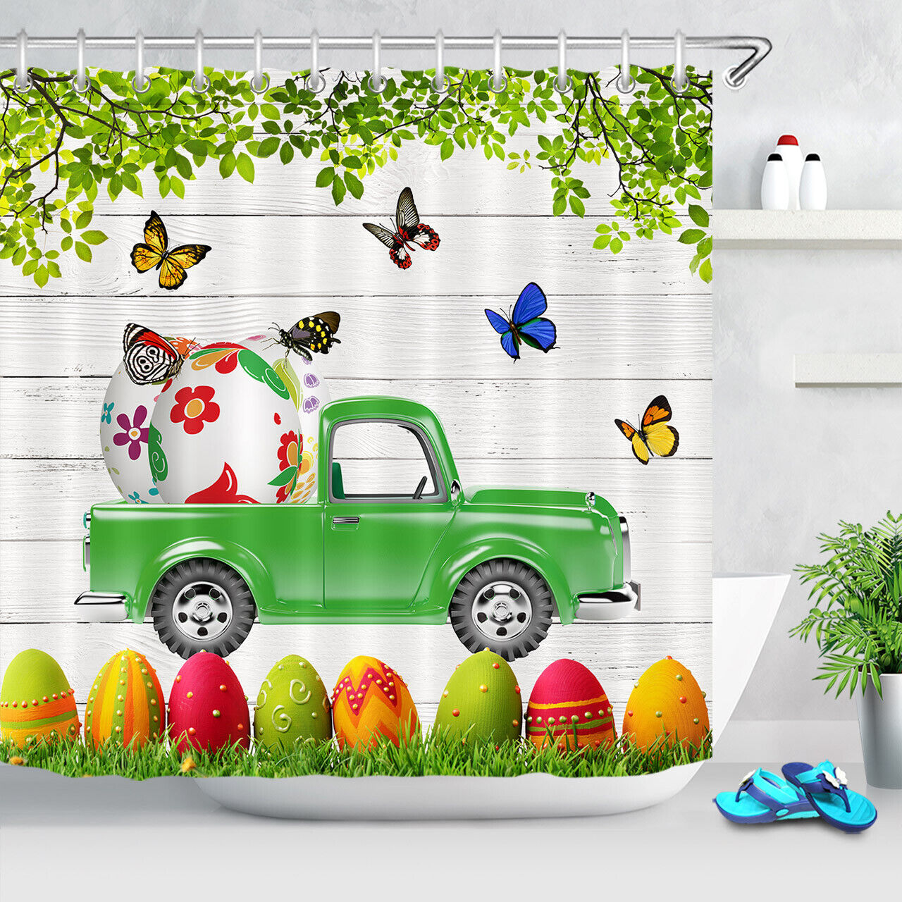 Kid'S Bathroom Shower Curtain With Easter Eggs & Butterfly - Playful Animal Bathroom Decor