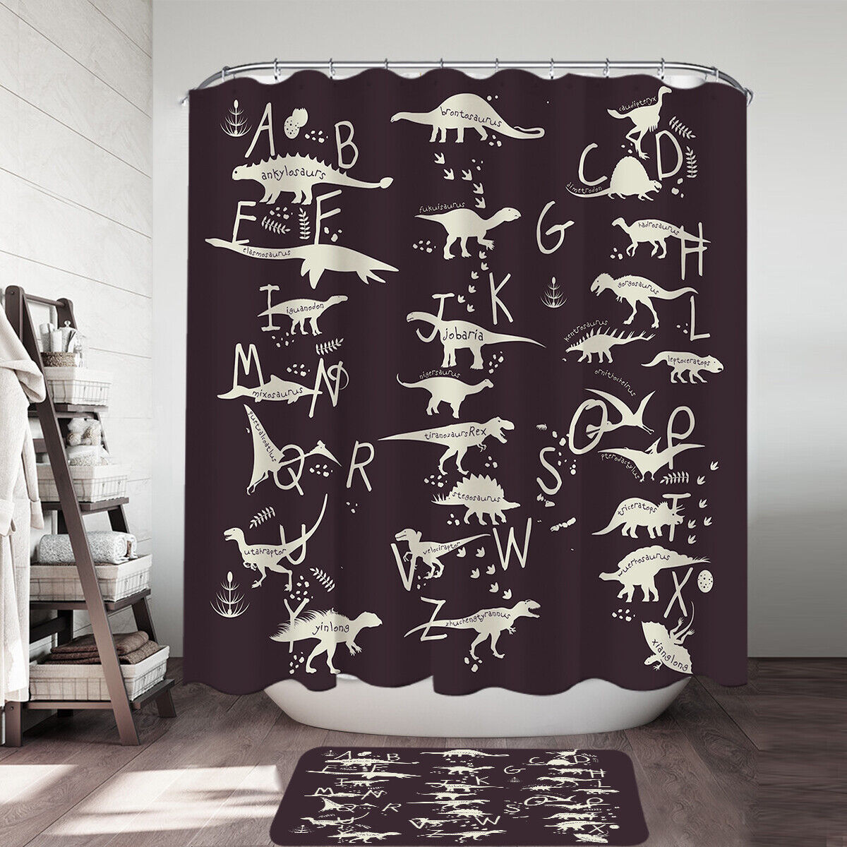 Kids Alphabet Dinosaurs Names Printed Shower Curtain for Toddler and Kid's Bathroom Decor