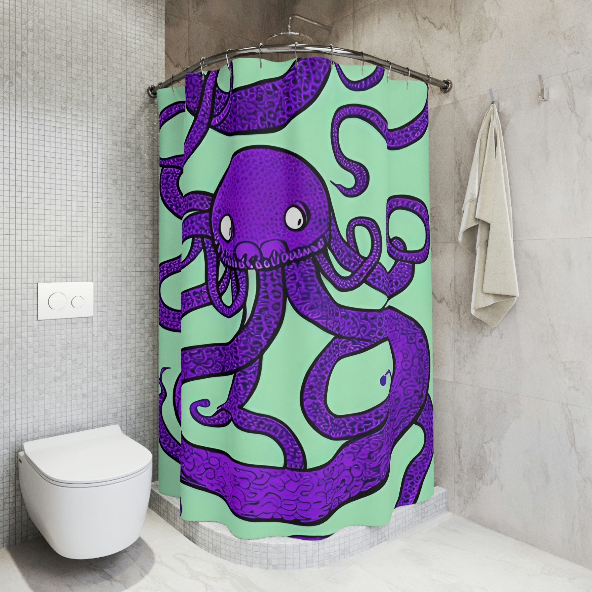 Kids Bathroom Decor - Purple Octopus AI Art Design Shower Curtain Print