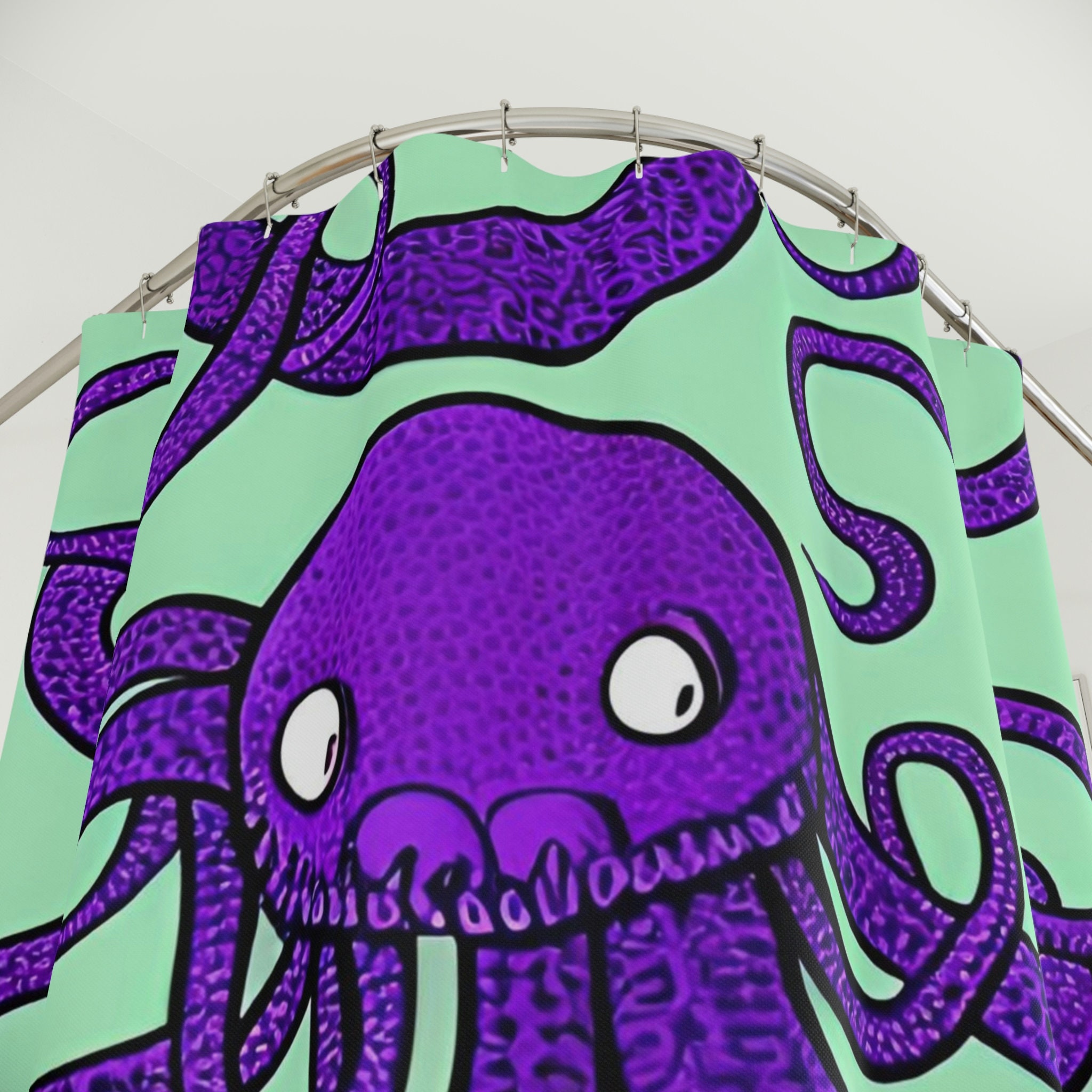 Kids Bathroom Decor - Purple Octopus AI Art Design Shower Curtain Print